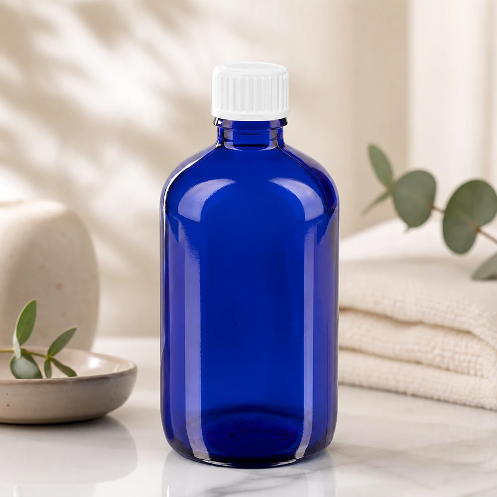 Blauwe glazen flessen 100ml met wit druppelsluiting 0.8mm St Farmaceutische druppelfles 100 ml STD in blauw voor laboratoriumtoepassingen en de geneeskunde