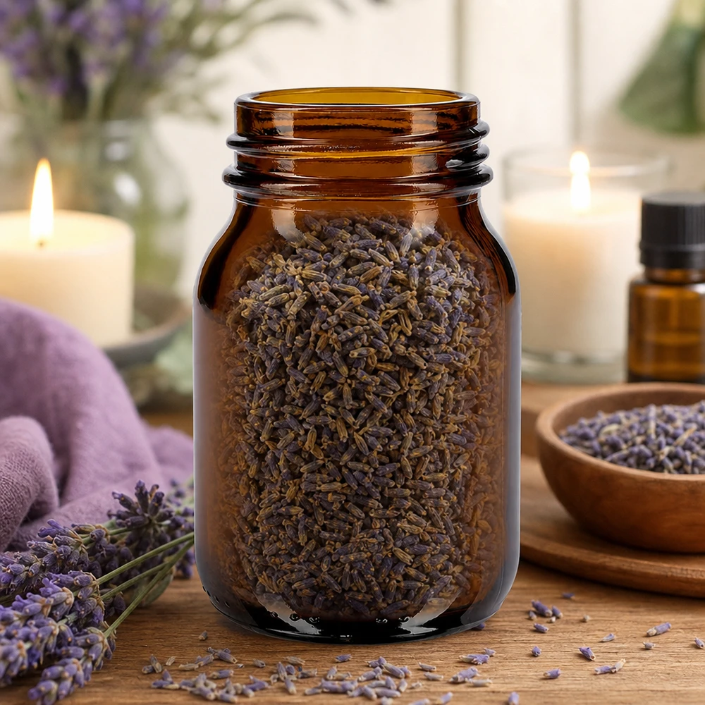 Compacte 75ml fles met brede hals in bruine glazen look, ideaal voor kruiden en specerijen