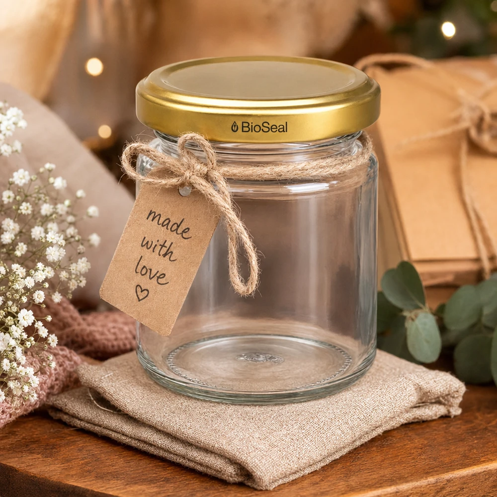 UNiTWIST Runda53 geschenkpot met gouden TO43 BioSeal deksel en handgeschreven Made with Love label