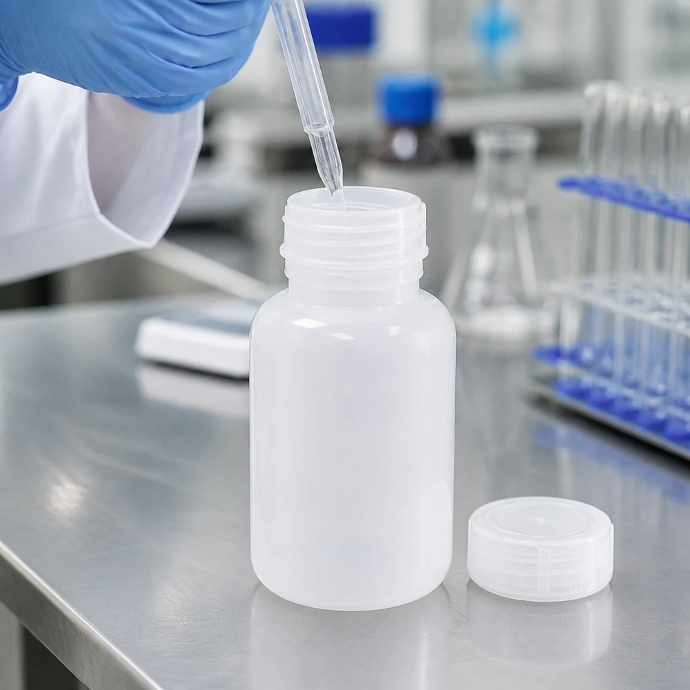 Wijde hals laboratoriumfles 250ml met sluiting Handliche 250ml Laborflasche mit Weithalsöffnung beim Befüllen mit einer Transferpipette