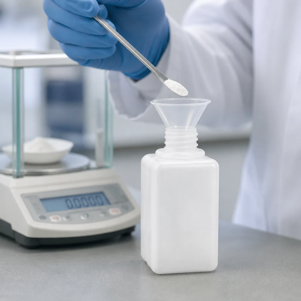 Chemicaliënfles 50 ml, nauwe hals Kleine vierkante chemiefles van 50 ml, GL 18, van PE-HD, voor professioneel laboratoriumgebruik
