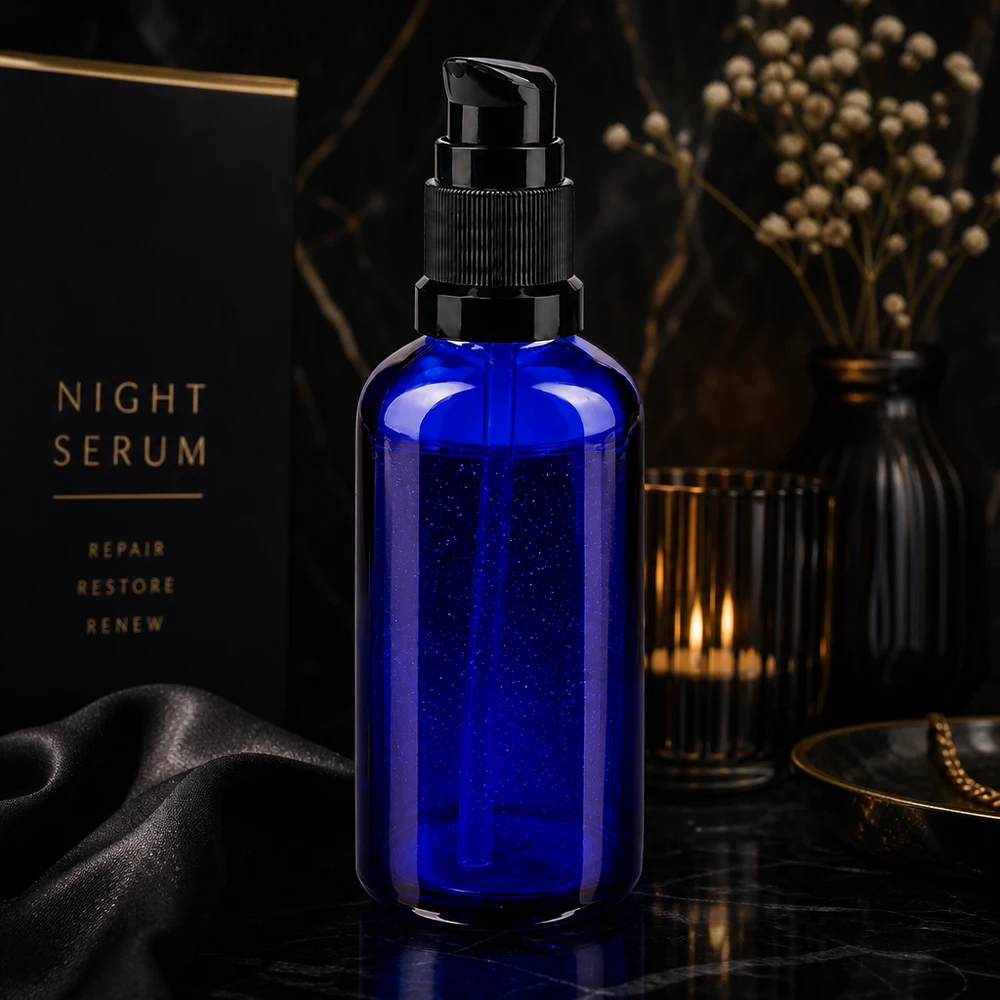 Blauwe glazen flessen 50ml met zwart pompsluiting Cilindrische blauwe glazen fles van 50 ml met een zwarte pompdispenser voor gezichtsverzorging en serums