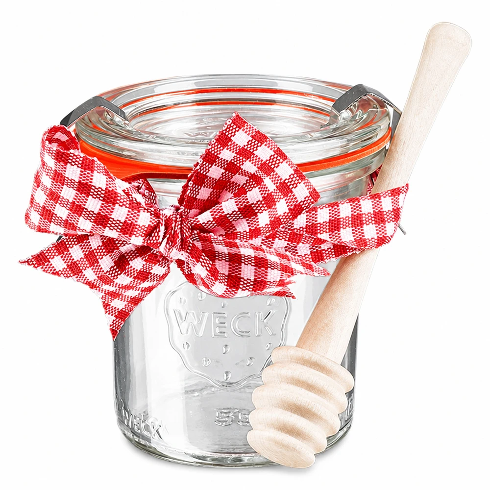 WECK stortglas 140ml compleet met honinglepel en strikje WECK mini inmaakpot 140ml met deksel rode strik en houten honinglepel inmaakpot complete set