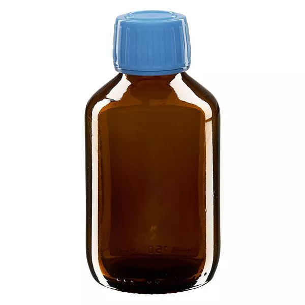150ml Euro-medicijnfles bruin met blauwe schroefsluiting VR 150ml Euro-medicijnfles bruin met blauwe schroefsluiting VR