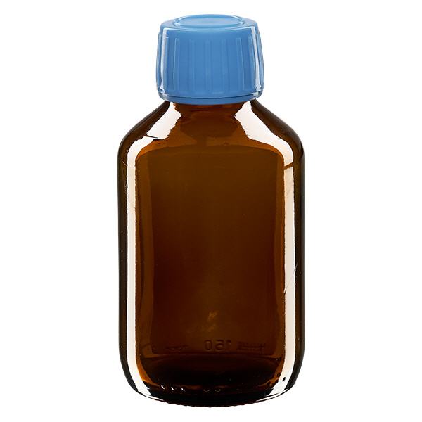 150ml Euro-medicijnfles bruin met blauwe schroefsluiting VR 150ml Euro-medicijnfles bruin met blauwe schroefsluiting VR