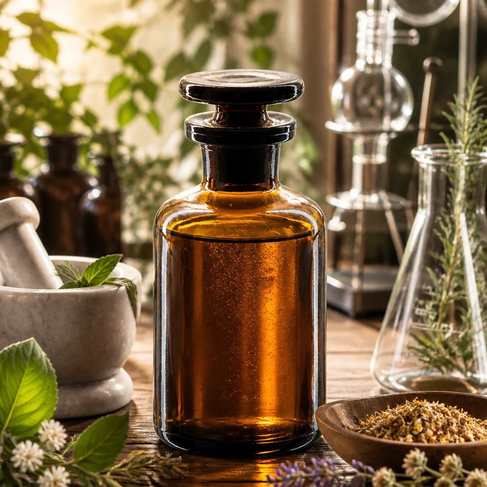 Lichtbestendige fles met ronde schouders, 50 ml, smalle hals en glazen stop, voor de productie van parfum