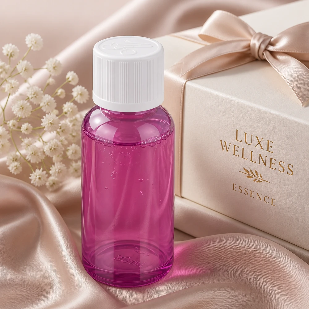 Stijlvolle glazen fles van 30 ml in paars met gladde wanden voor een optimale productpresentatie