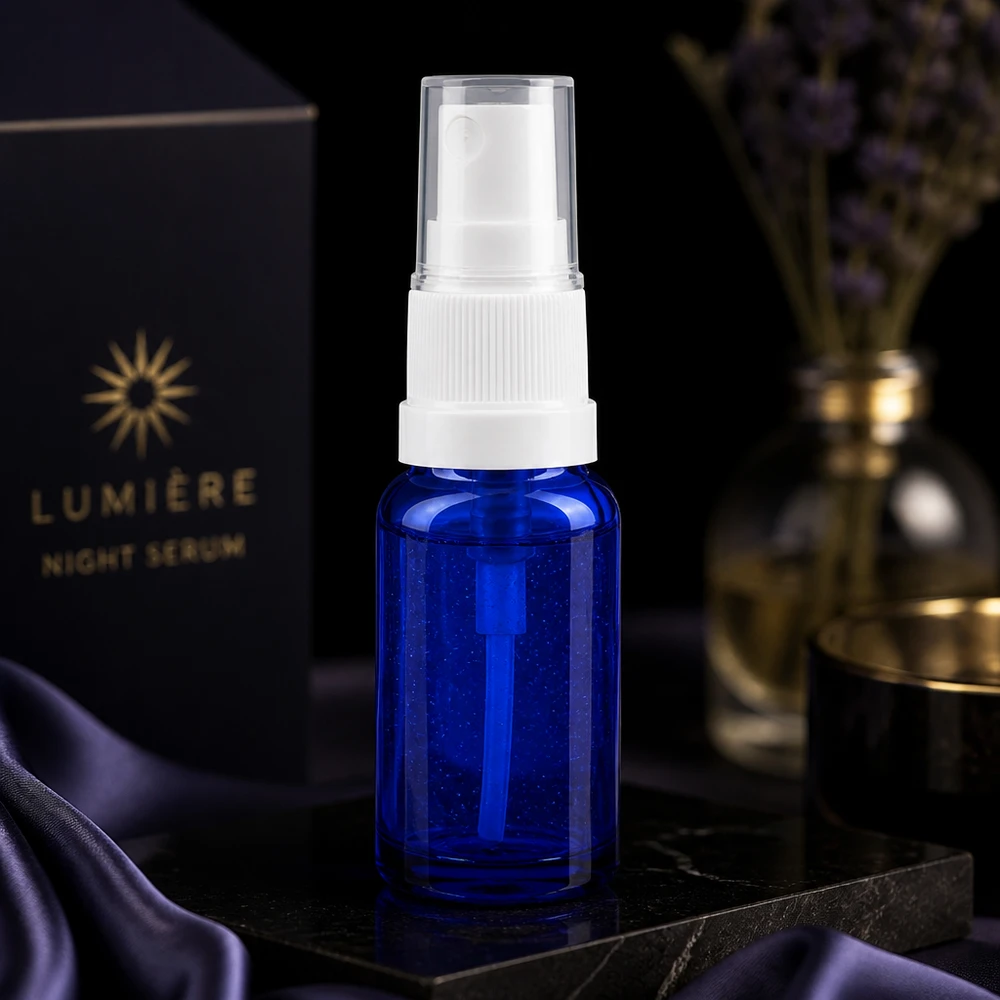 Blauwe glazen flessen 10ml met wit pompverstuiver Miniatuur glazen spuitflesje, blauw, 10 ml, met witte pompverstuiver voor cosmetica en apotheekgebruik