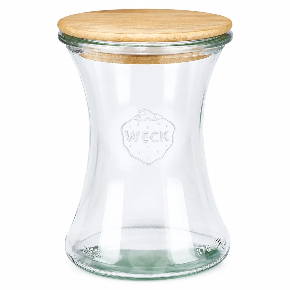 370ml delicatessenglas WECK RR80 met hout deksel WECK delicatessenpot 370ml RR80 met houten deksel van transparant glas voor conserveren en bewaren