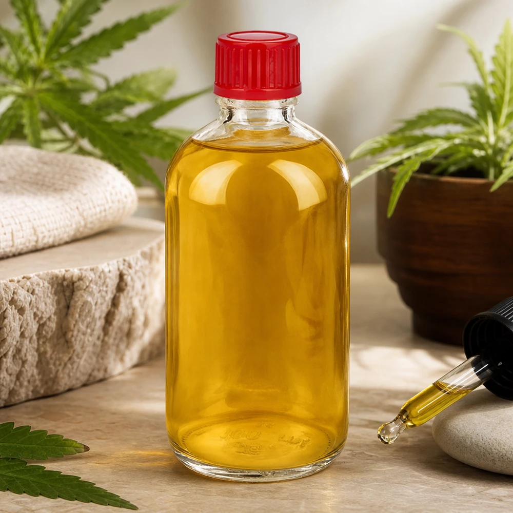 CBD-olie in een glazen fles van 100 ml met rode schroefdop van 11 mm SV ClearLine UT18/100 Natuurproduct