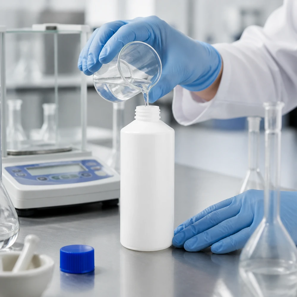 PET cilinderfles 100ml wit met schroefsluiting blauw Witte HDPE-ronde fles van 100 ml met blauwe SV naast een analyseschaal in een farmaceutisch laboratorium