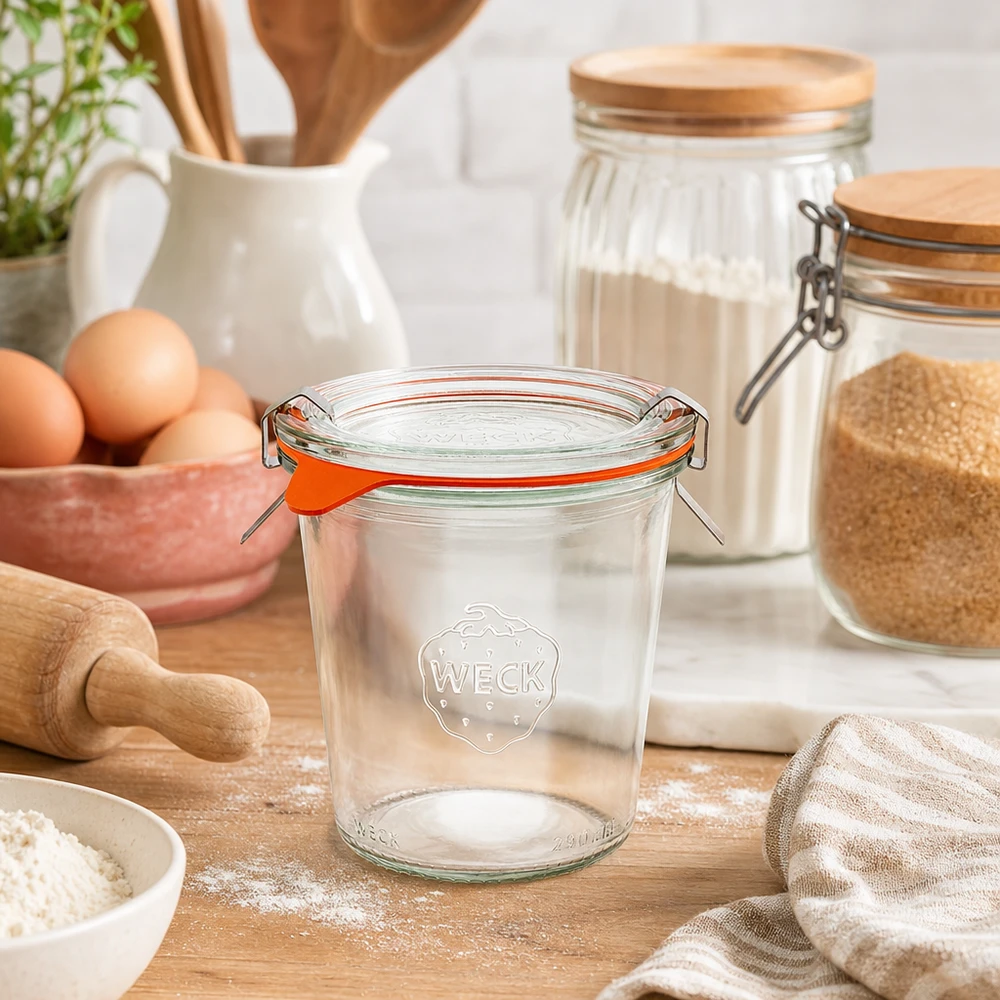WECK bekers 290ml RR80 leeg in natuurlijke keukenomgeving met bakingrediënten bloem eieren en houten keukengerei