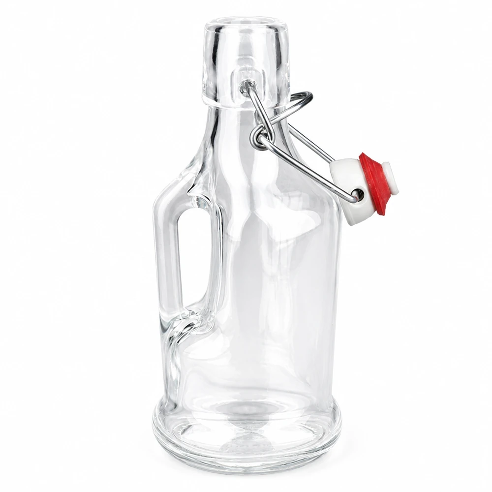 Glazen fles Bertha 200ml met rode rubberen ring op de scharnierende top en handvat Detail zijaanzicht UNiTW