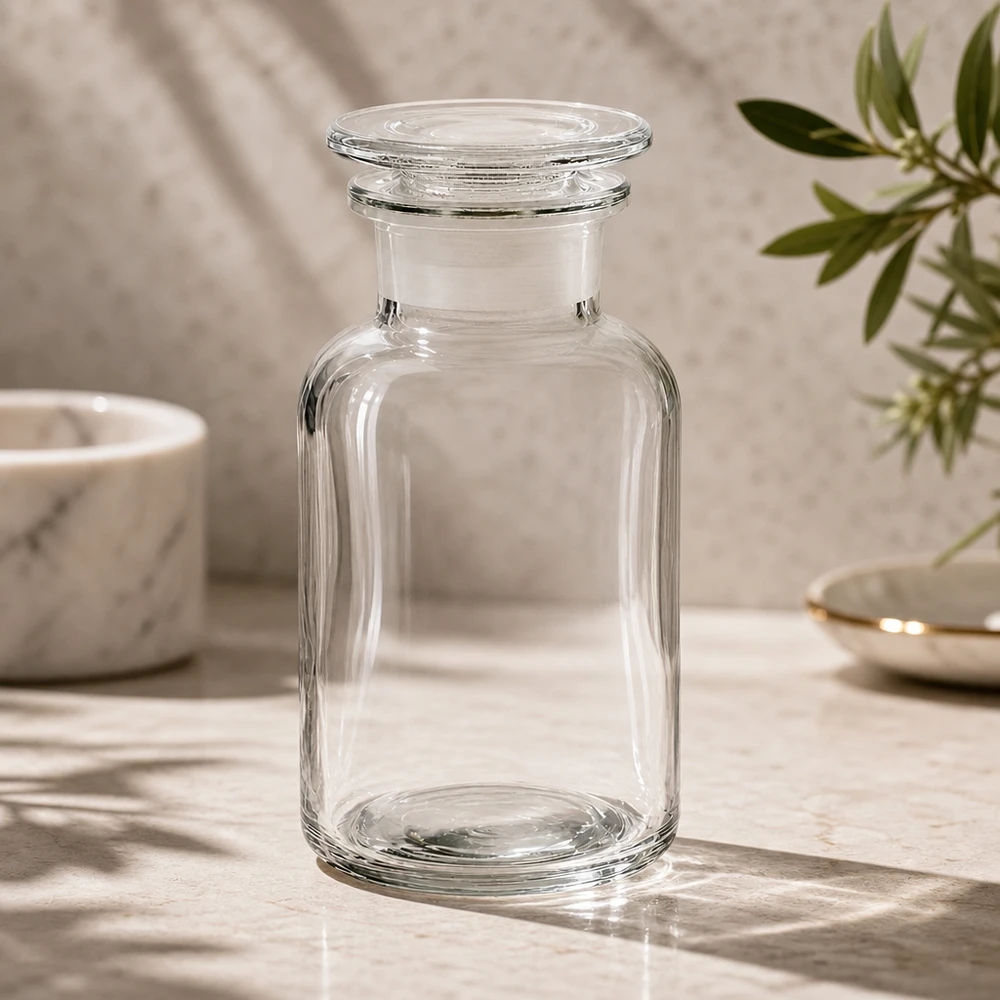 Cilindrische fles van helder glas van 250 ml met kenmerkende ronde schouders en bijpassende glazen stop