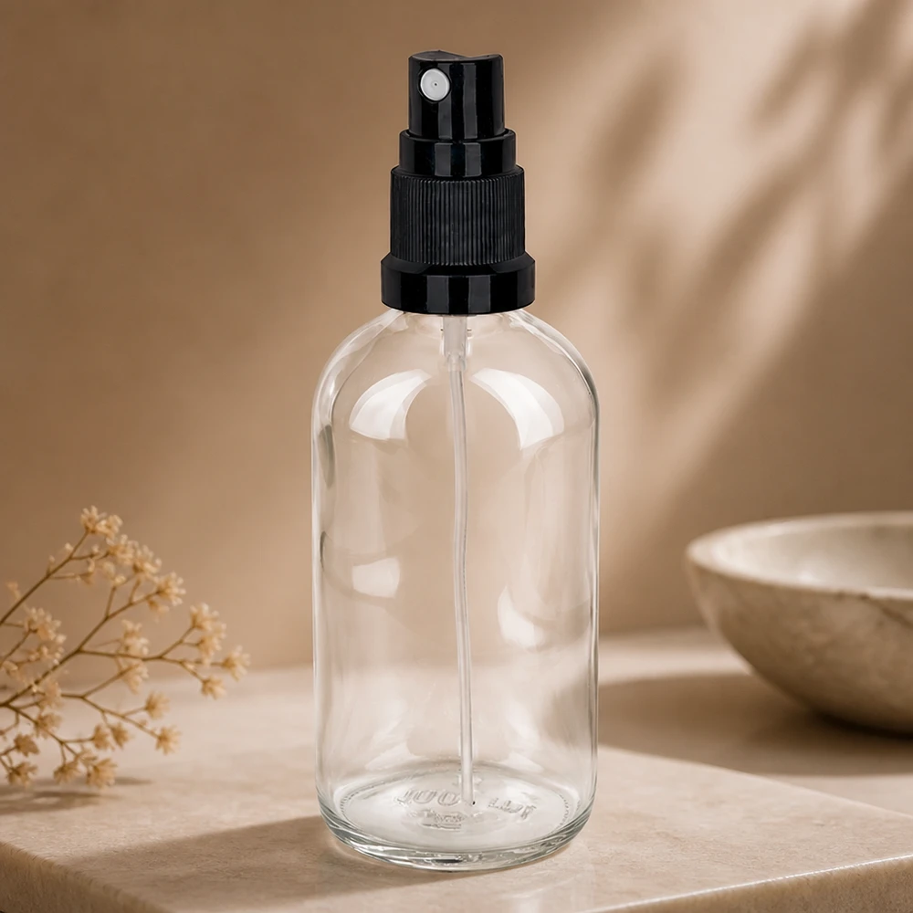100ml spuitfles zwart STD ClearLine UT18/100 Doorzichtige glazen spuitfles van 100 ml met een zwarte fijne-nevelsproeikop op een lichte marmeren voet