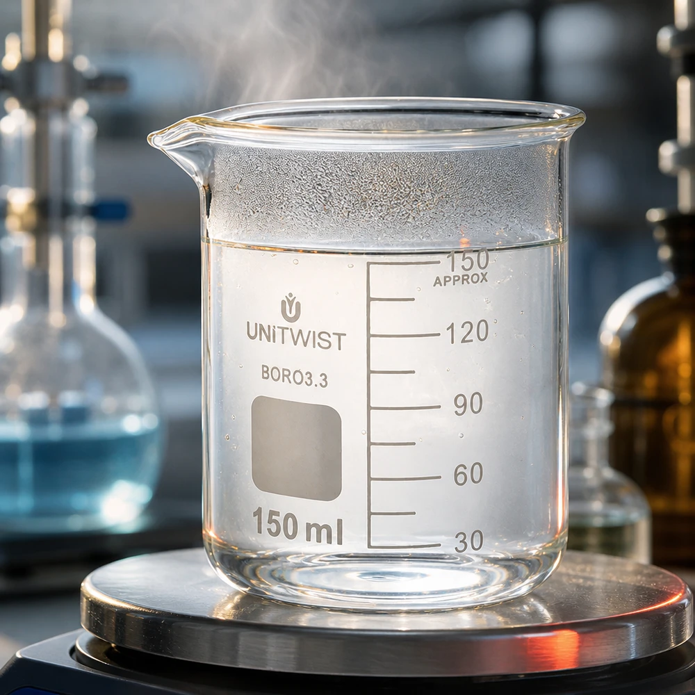 Beker 150ml borosilicaat, lage vorm UNiTwist UNiTwist bekerglas 150 ml, borosilicaat, laag model, helder glas met opschriftveld en schaalverdeling