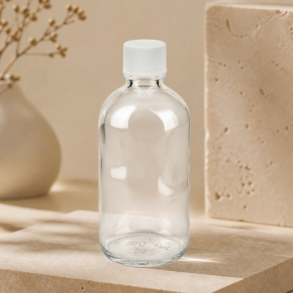 100ml fles 11mm SV wit STD ClearLine UT18/100 Lege apothekersfles van 100 ml, helder glas, witte schroefdop, STD ClearLine farmaceutische verpakking
