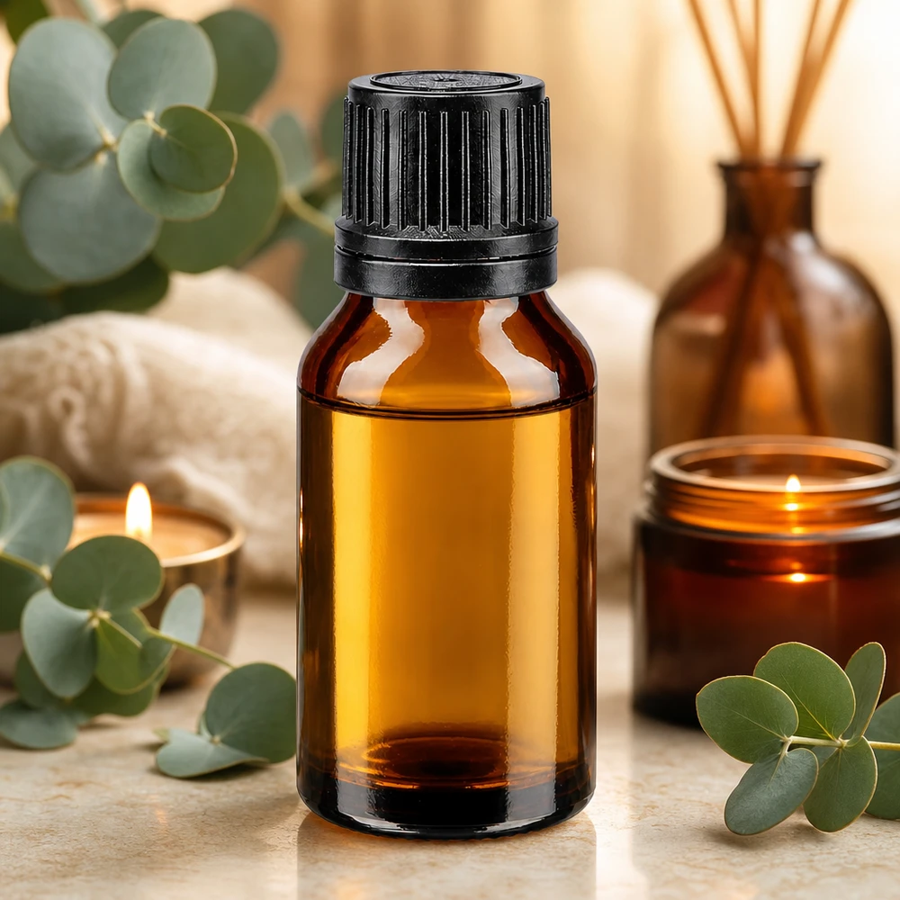 Kleine apothekersflesje van 15 ml, bruin, met zwarte originele dop, voor etherische oliën