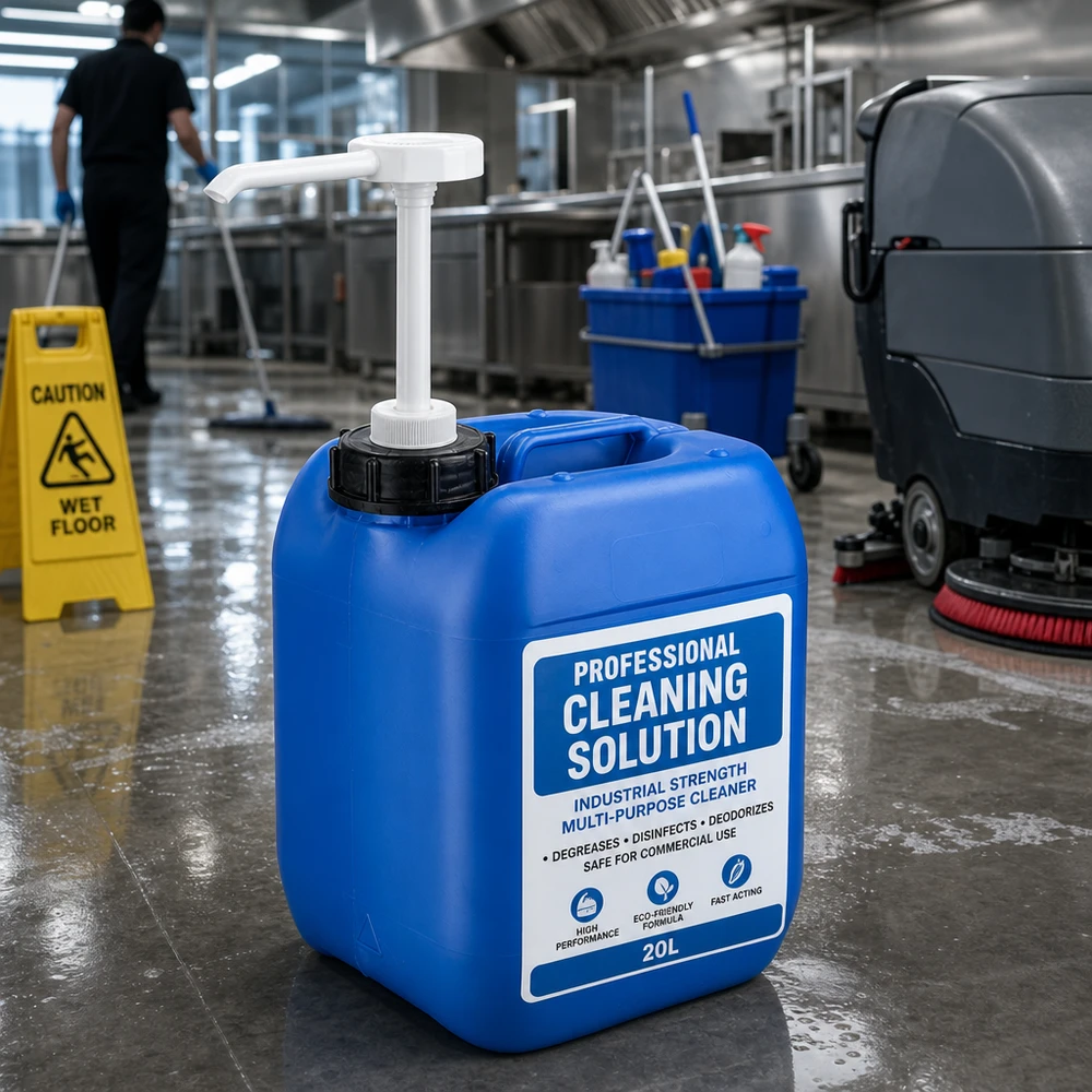 Canister 5 liter blauw met doseerpomp Blauwe jerrycan van 5 liter met doseerpomp op een natte industriële vloer tijdens het schoonmaken van gebouwen