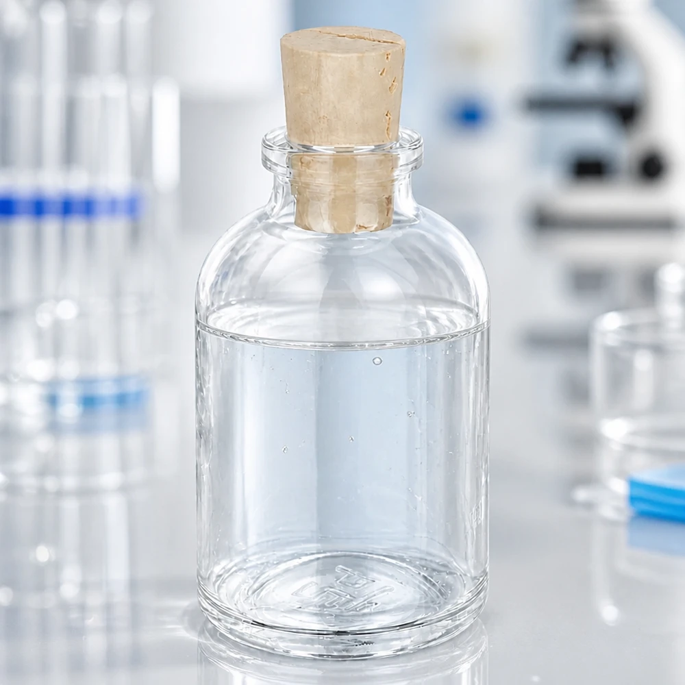 Injectiefles helder glas 50ml met kurk 11/14mm Verschlossene Laborflasche 50ml aus transparentem Glas mit Korkstopfen Nahaufnahme