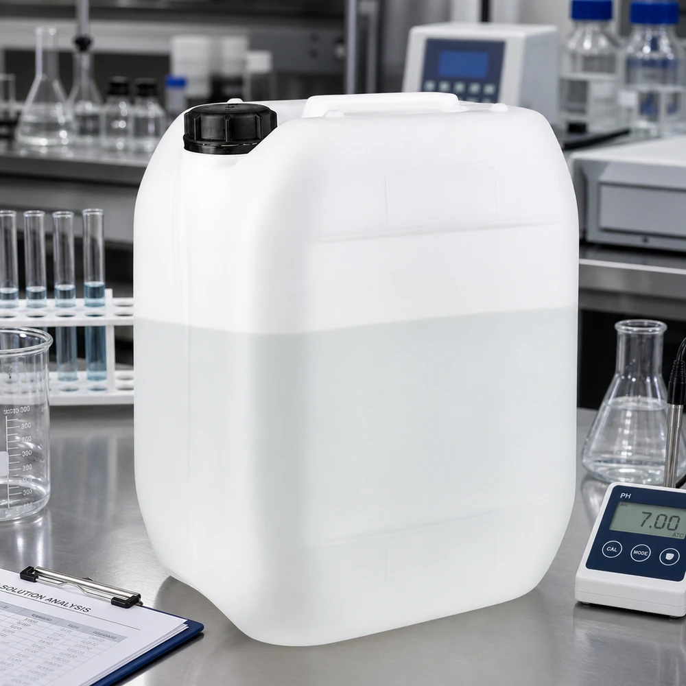 Stapelbare vloeistofcontainer van 10 liter, wit met zwarte originele OV-sluiting, voor chemicaliën