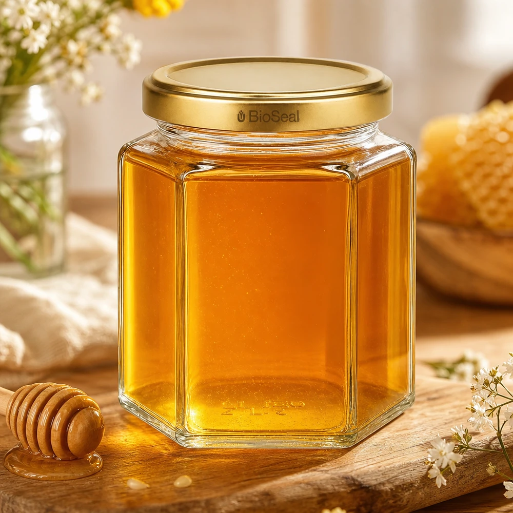 390ml hexaglas met BioSeal deksel goud UNiTWIST UNiTWIST Hexa390 honingpot met gouden TO70 BioSeal deksel naast honingraat en honinglepel op houten tafel