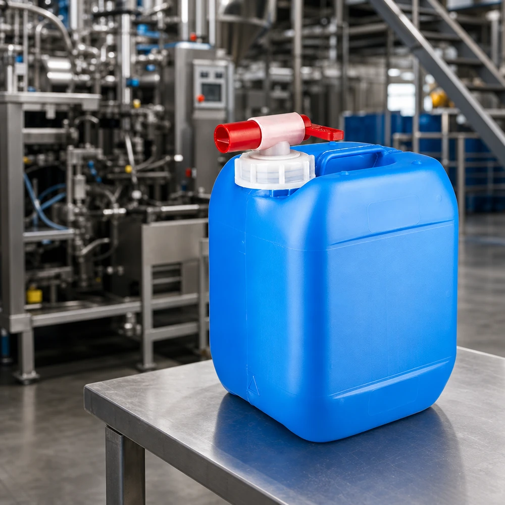 Canister 5 liter blauw met tapkraan Kleine blauwe industriële jerrycan van 5 liter met een rode kraan voor het veilig aftappen van vloeistoffen