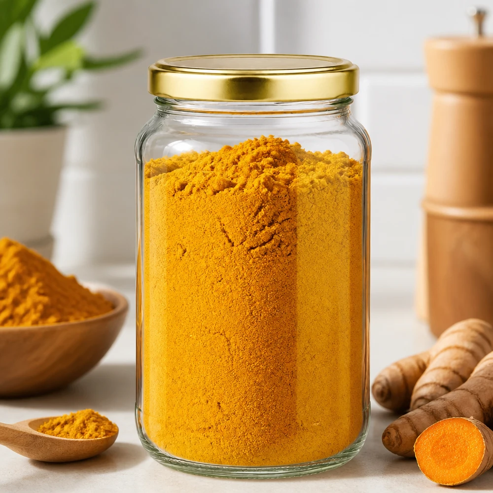 1700 ml ronde pot met gouden BasicSeal deksel gevuld met kurkumapoeder toont praktisch keukengebruik