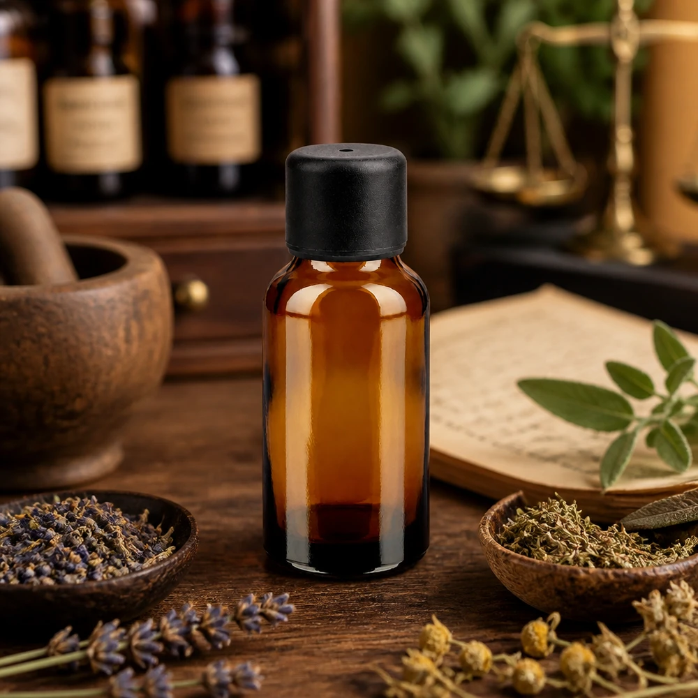 Hoogwaardige glazen fles van 20 ml in bruin met zwarte schroefdop voor optimale bescherming van de smaak