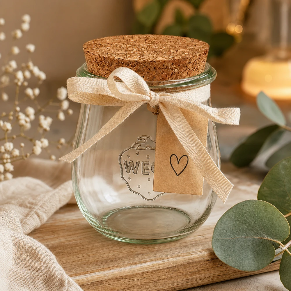 220ml tulpenglas WECK RR60 met kurk WECK tulpenpot 220ml RR60 decoratief verpakt met strik en cadeaulabel als cadeau op een houten tafel