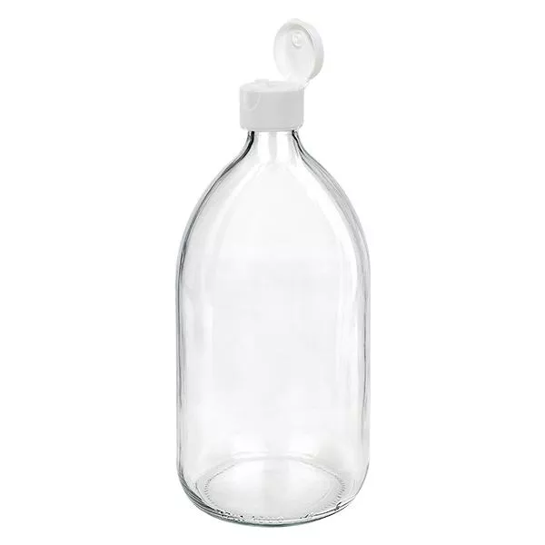 1000ml Euro-medicijnfles / siroopfles helder PP28 met witte klapsluiting