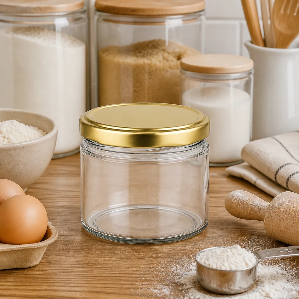 Ronde pot van 540 ml met gouden BasicSeal deksel in een moderne keuken tussen voorraadpotten en bakingrediënten