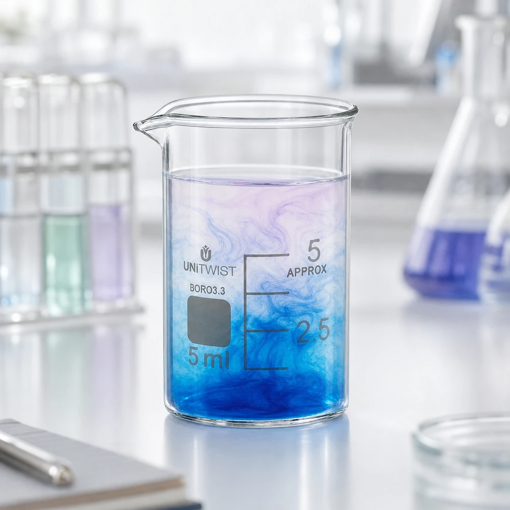 Glazen beker van 5 ml, laag model met schaalverdeling van 2,5 ml, vervaardigd uit hoogwaardig borosilicaatglas UNiTWIST