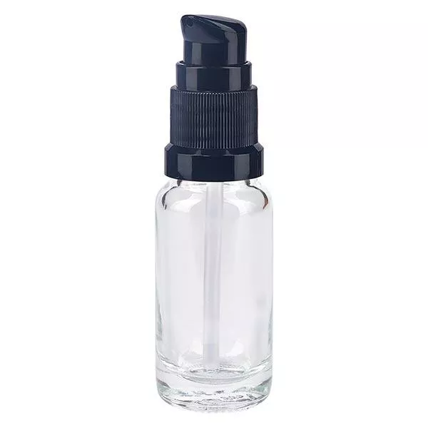 Helder glazen flessen 10ml met zwart pompsluiting Helder glazen flessen 10ml met zwart pompsluiting