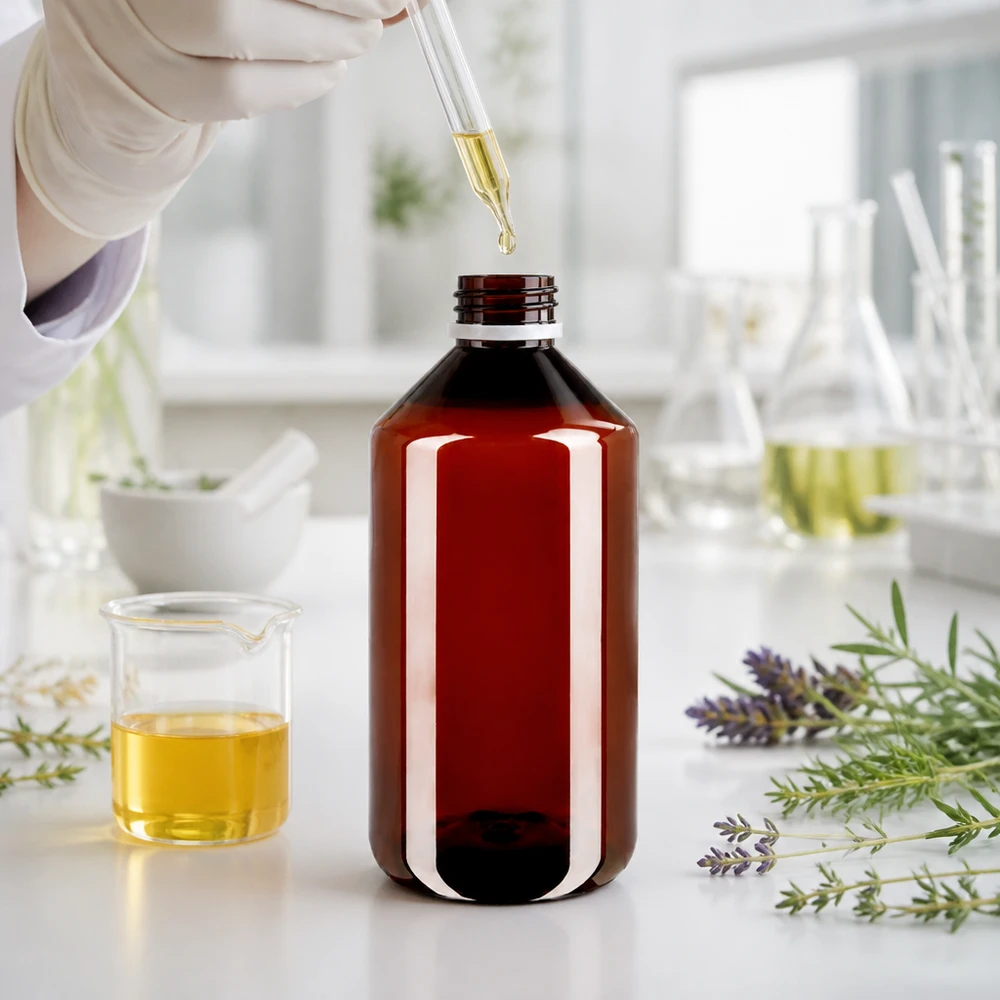 Doorzichtige bruine PET-fles van 750 ml met witte buitenverpakking voor natuurlijke cosmetica