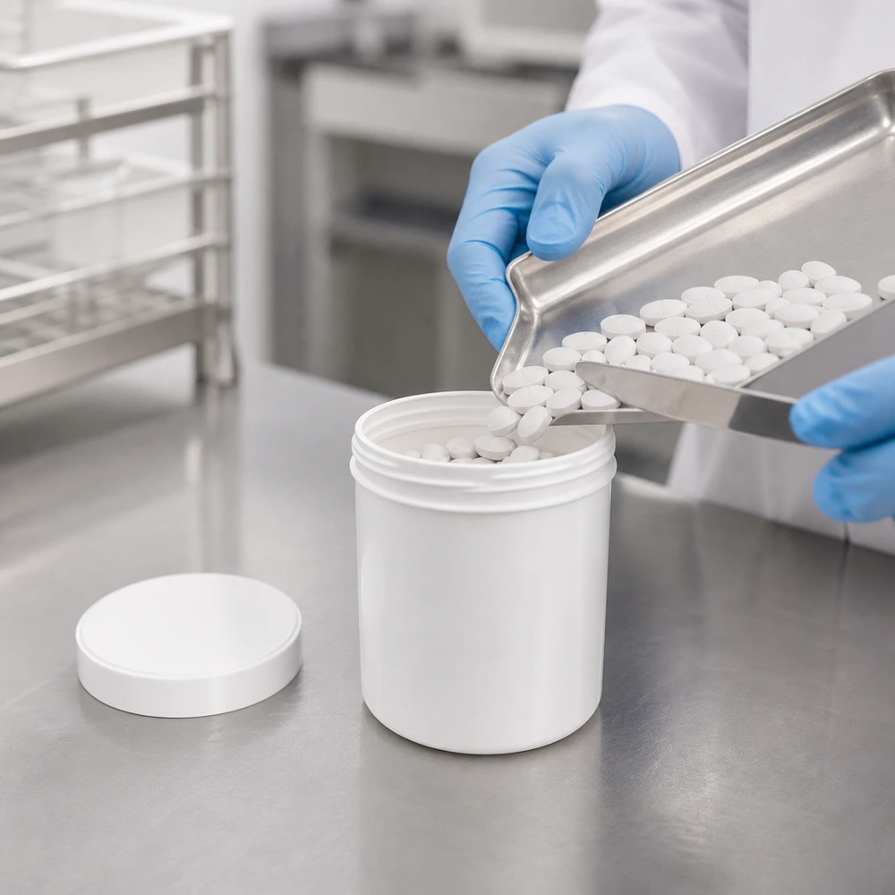 Farmaceutische verpakking van 20 g, gemaakt van wit polypropyleen met schroefdeksel, tijdens het verpakken