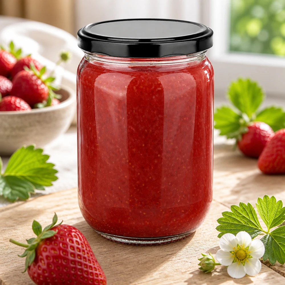 555 ml ronde glazen pot + BasicSeal-deksel, zwart, UNiTWIST Doorzichtige voorraadpot van 555 ml met zwarte schroefdop, gevuld met aardbeienpuree – close-up