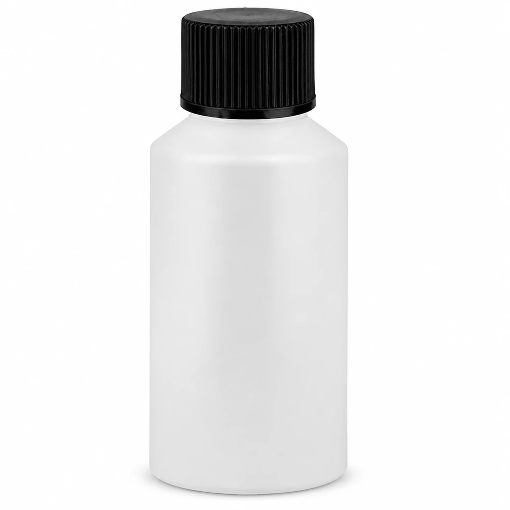 Compacte apotheekfles van voedselveilig HDPE, 50 ml, wit met zwarte dop