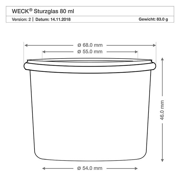 80ml stortglas WECK RR60 met kurk Technische Zeichnung WECK Sturzglas 80ml RR60 mit Maßangaben Durchmesser 68mm Höhe 46mm für perfekte Küchenplanung