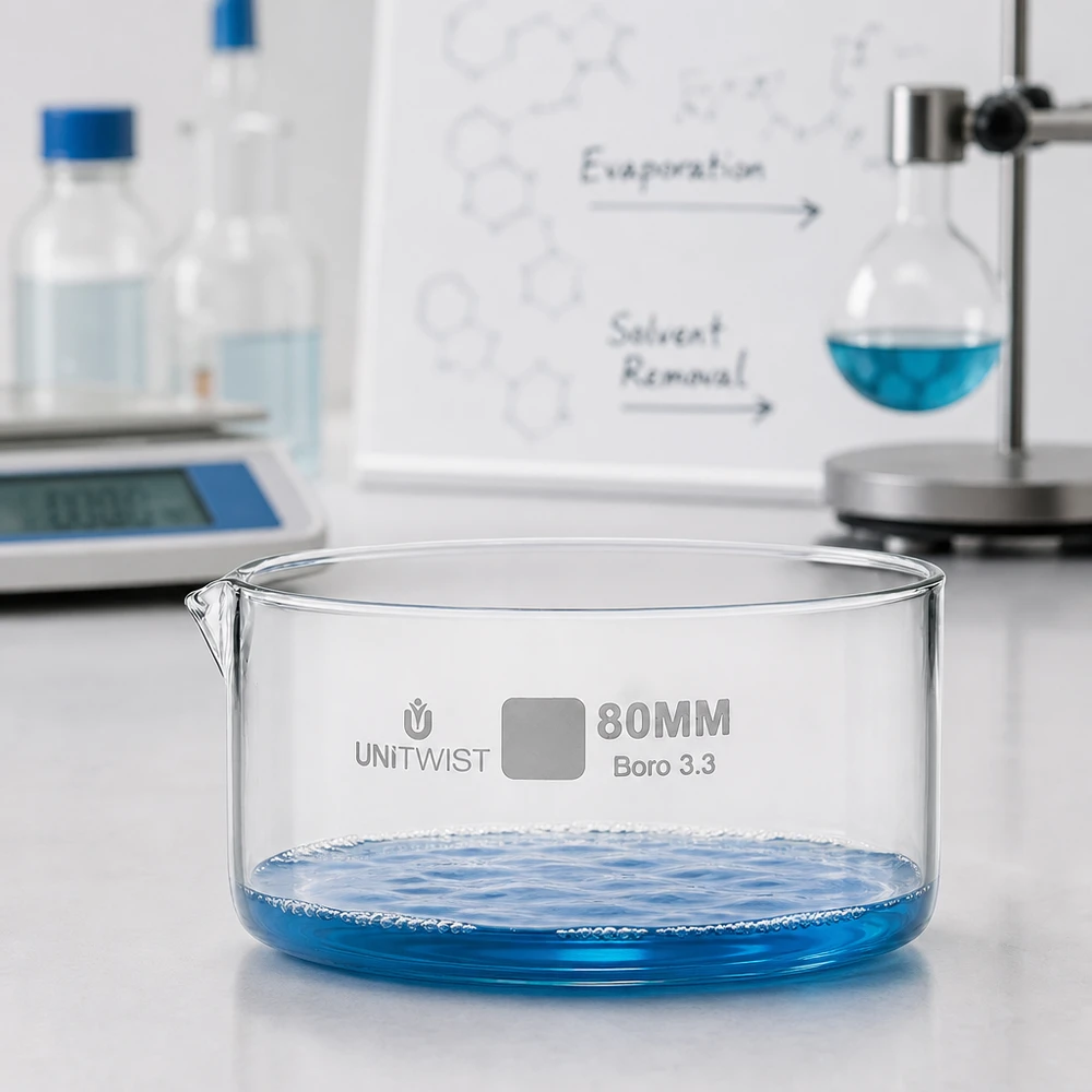 Kristalliseer schaal ø80mm borosilicaatglas UNiTWIST Lage schaal van borosilicaatglas, 80 mm, van UNiTWIST, met blauwe chemische stof bij verdamping