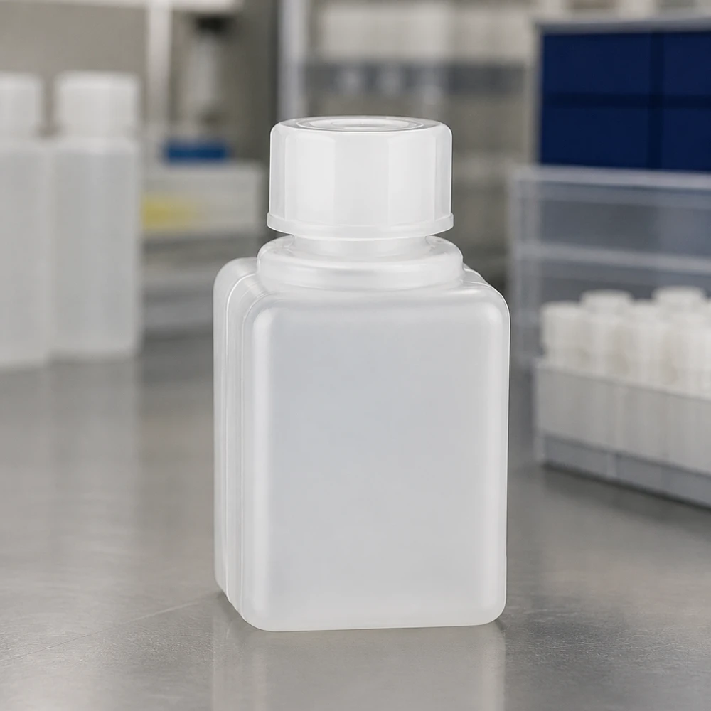 Chemicaliënfles 20 ml, nauwe hals, incl. sluiting GL 18 Flessen voor chemicaliën van 20 ml, PE-HD, met smalle hals, in een laboratoriumomgeving met rekken en opbergdozen