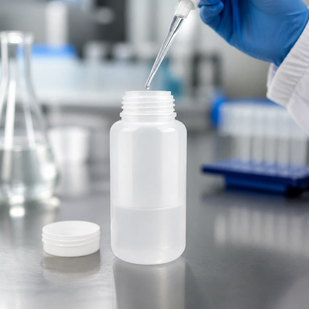 Ronde laboratoriumfles met brede hals, 1000 ml, zonder deksel, tijdens het vullen in het medisch laboratorium