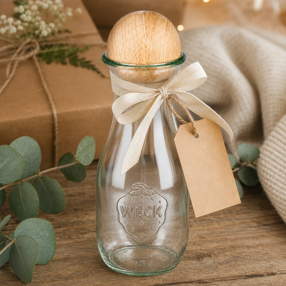 WECK sapfles 530ml geschenkverpakking met strik en label naast eucalyptus en decoratie