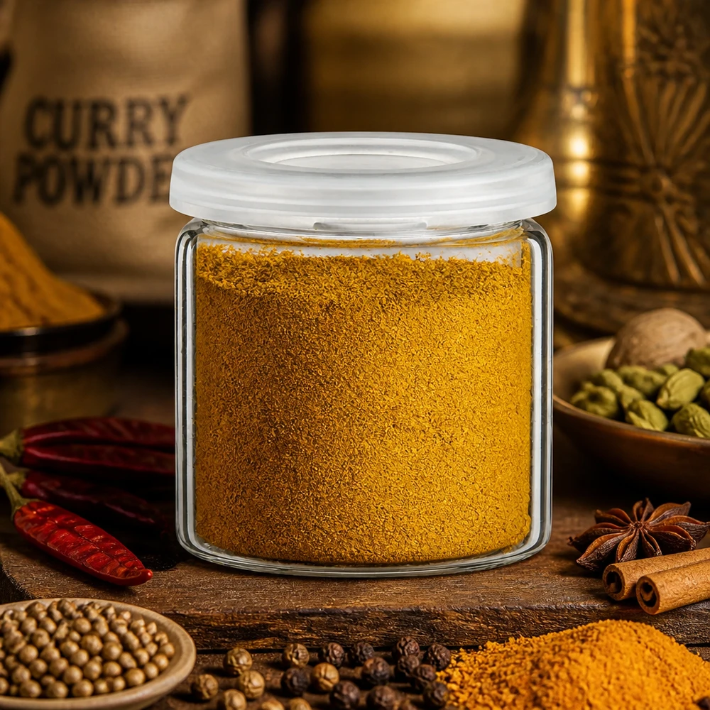 Kruidenpot-idee: 5ml tablettenglas helder glas incl. klikdeksel (rolrand glas) Kruiden bewaard in een glazen pot met oprolbare rand, met oosterse kerriepoeder op een rustieke houten tafel