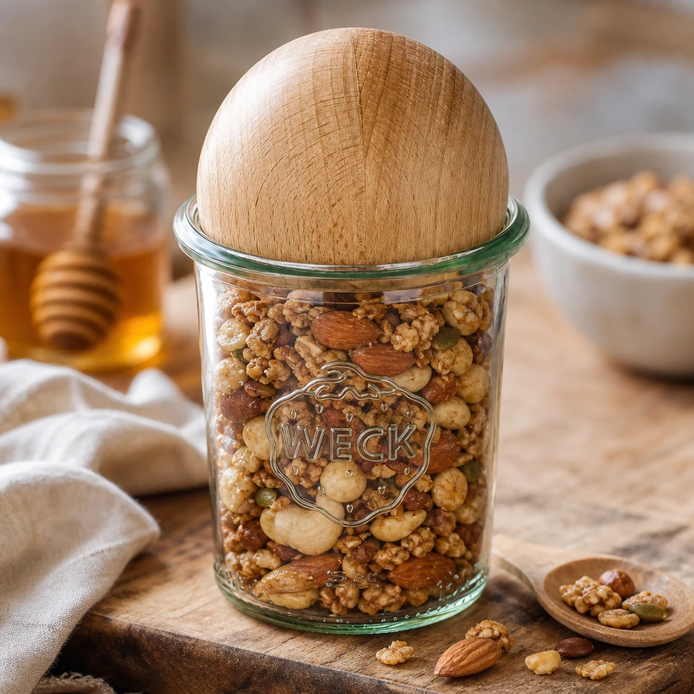 WECK RR60 160 ml bekers met beukenhouten bol gevuld met noten, decoratief gerangschikt op een houten plank met honing