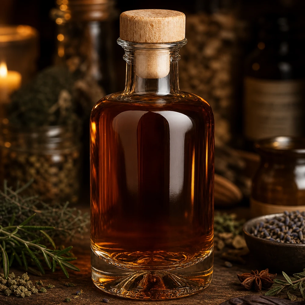100 ml apothekersfles Sofia met houten handvat en kurk UNiTWIST® 100ml Glasflasche Sofia mit Holzkorken gefüllt mit bernsteinfarbener Flüssigkeit zwischen Gewürzen und Kräutern Destille