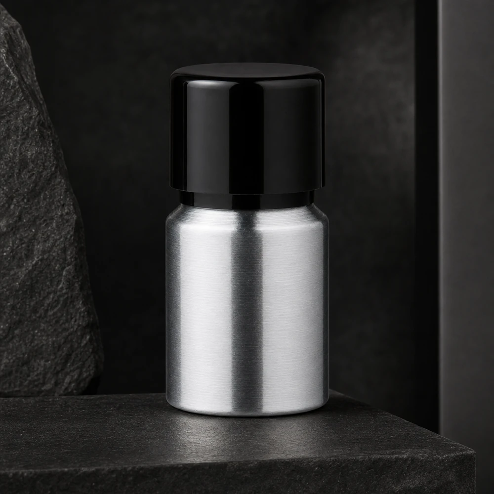 10 ml aluminium fles geslepen incl. schroefdop zwart met conusafdichting Lichtgewicht aluminium flesje van 10 ml met UV-bescherming en lekvrije dop voor natuurlijke cosmetica