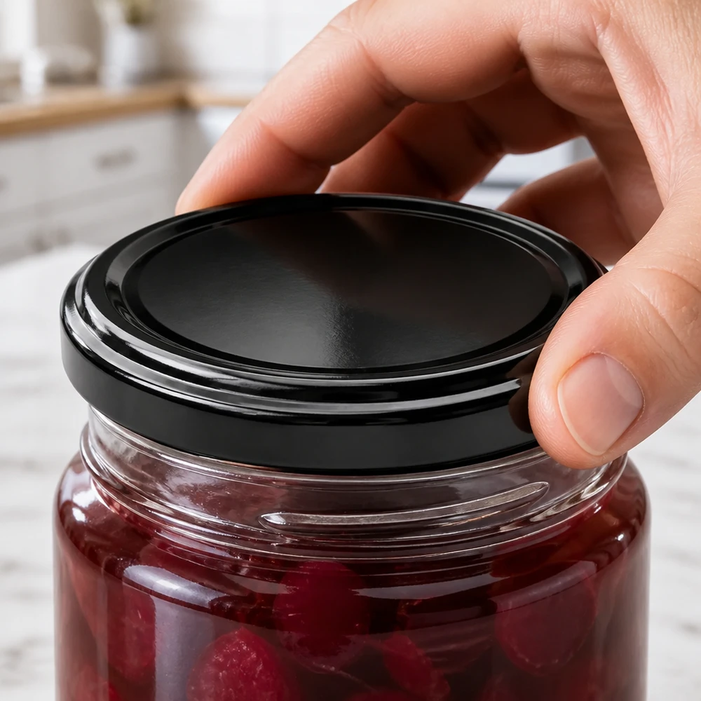 UNiTWIST TO48 zwart, BioSeal, BPA-NI, unitemp. Met de hand wordt het zwarte BioSeal-deksel van UNiTWIST TO48 op de gevulde pot met rode vruchten geschroefd