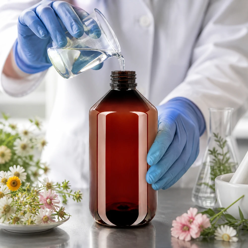 Lichtbestendige PET-fles van 500 ml, bruin, geribbeld, met witte OV-sluiting voor extracten