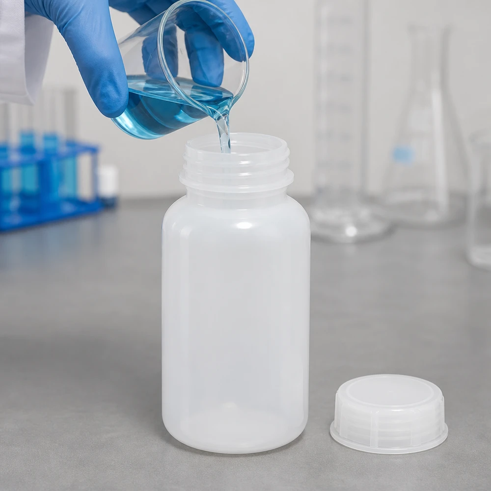 Wijde hals laboratoriumfles 500ml met sluiting Weithals-Laborflasche 500ml mit abgestelltem Deckel beim Befüllen mit blauer chemischer Lösung